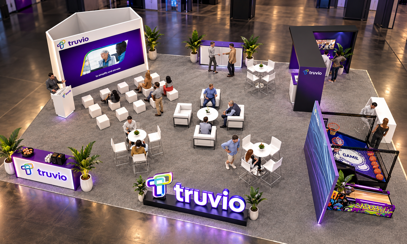 Truvio booth #425 design — presentation stage, demo stations, lounge, gaming arcade and refreshment counter